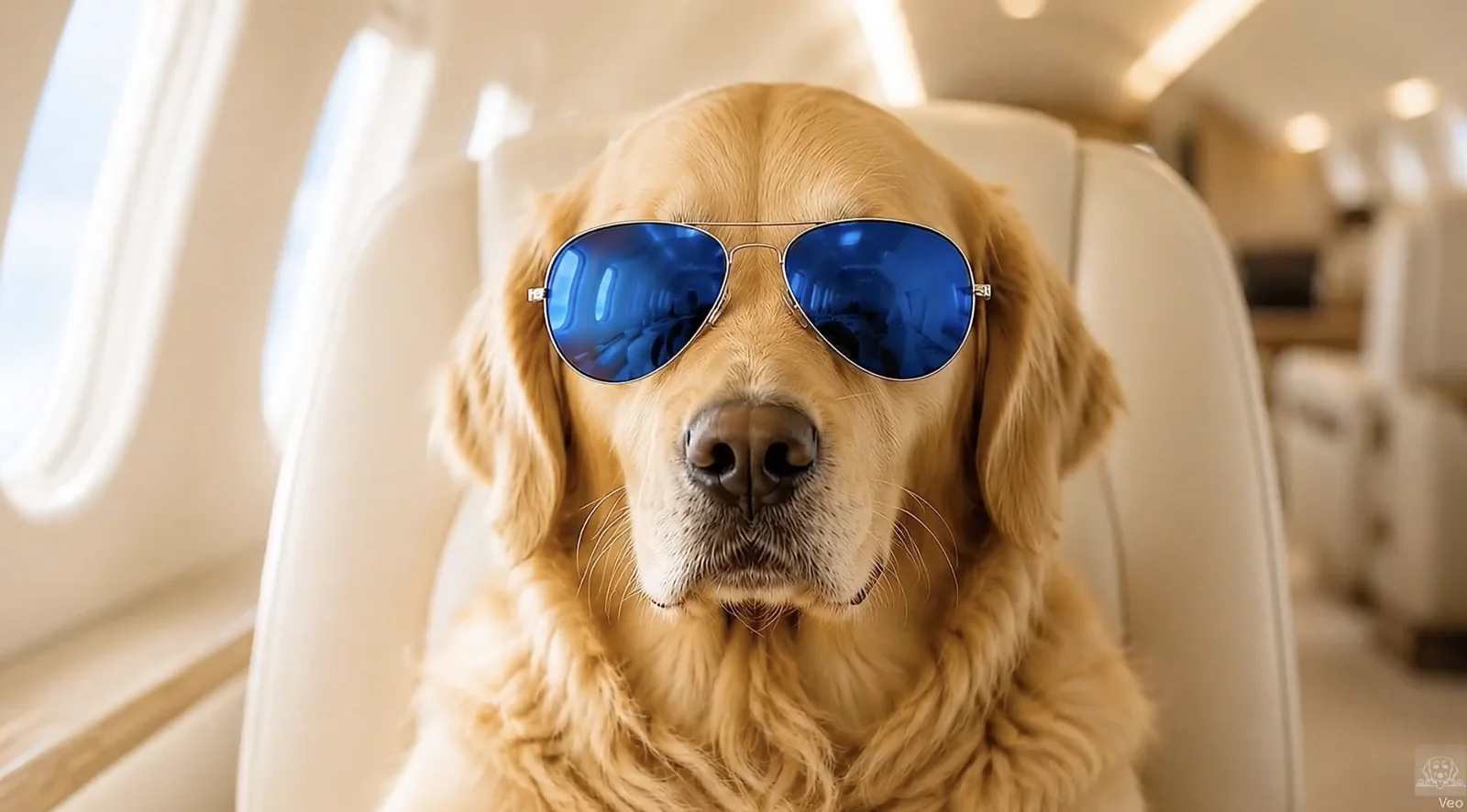 Bailey, Golden Retriever, lunettes aviateur bleues, à bord d'un jet privé