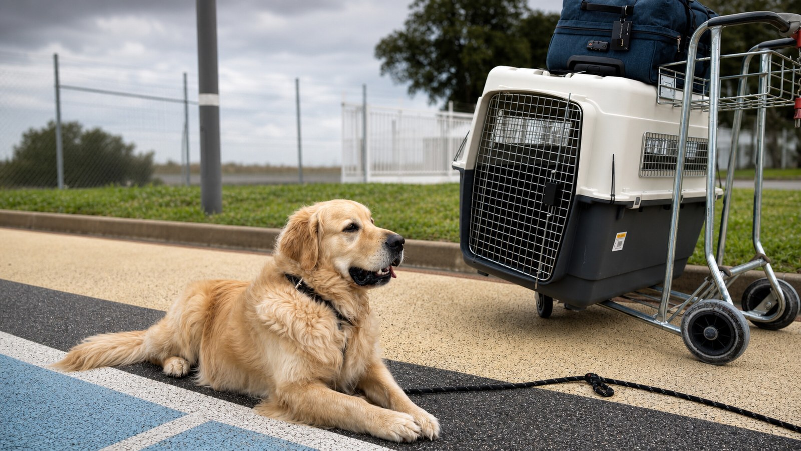 Bailey beside his IATA travel crate