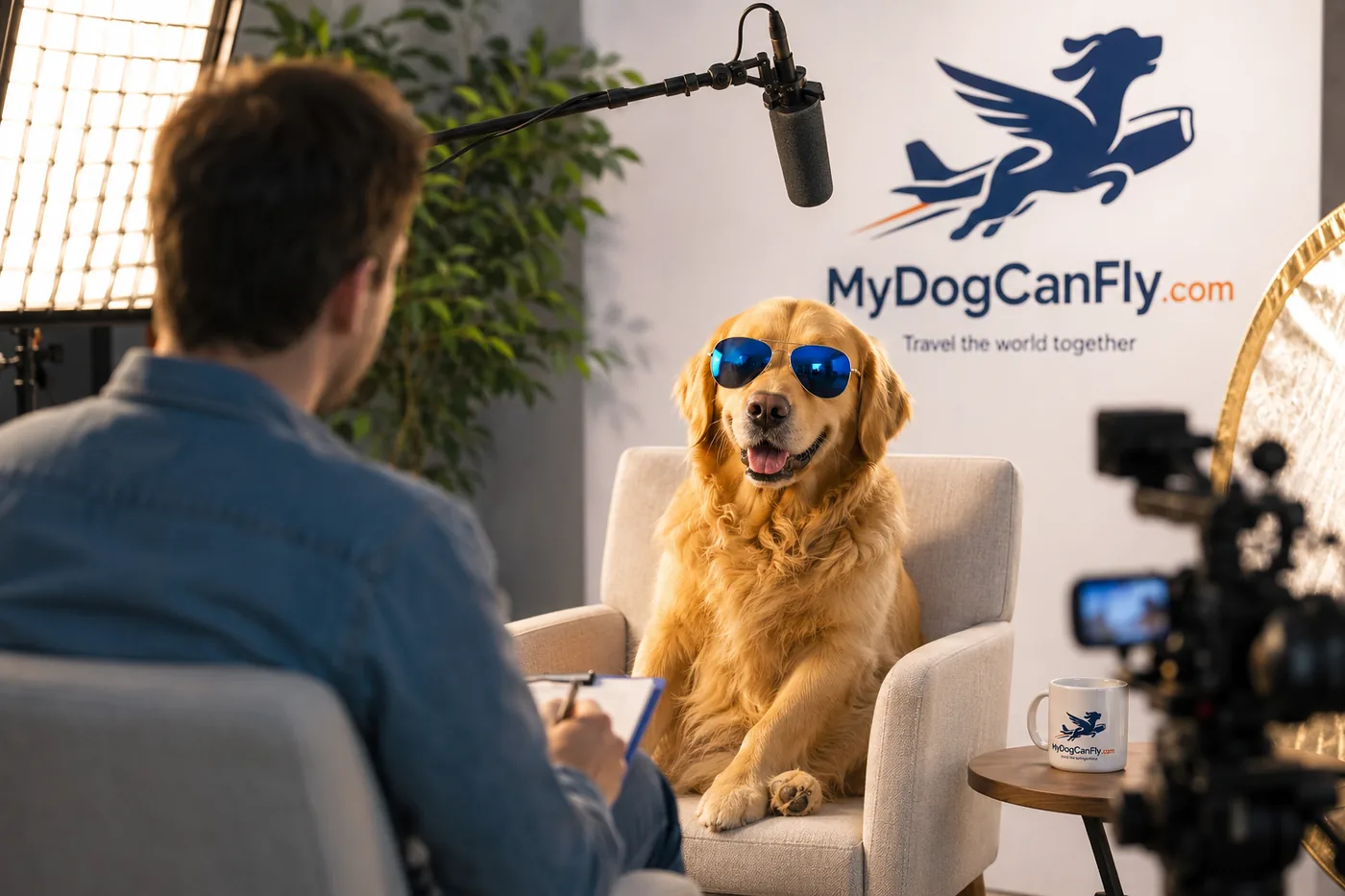 A golden retriever wearing sunglasses sits in an armchair facing a journalist taking notes, under a studio microphone, in front of a MyDogCanFly backdrop.